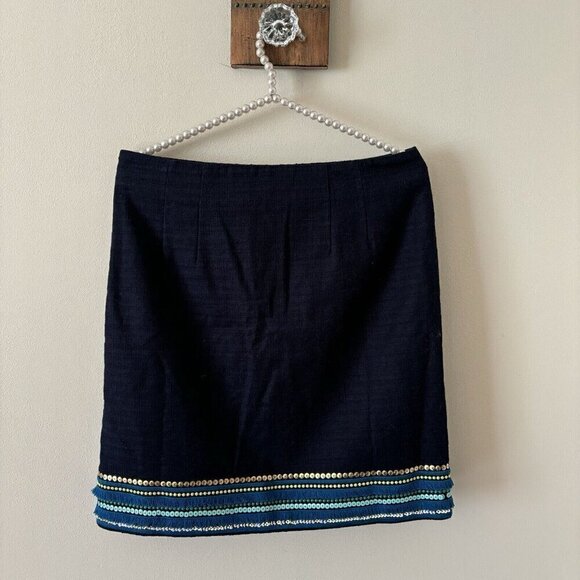 NWT Talbots Petite Size 6P Blue A-Line Skirt Fringe Sequin Border Cotton Blend - Picture 3 of 4